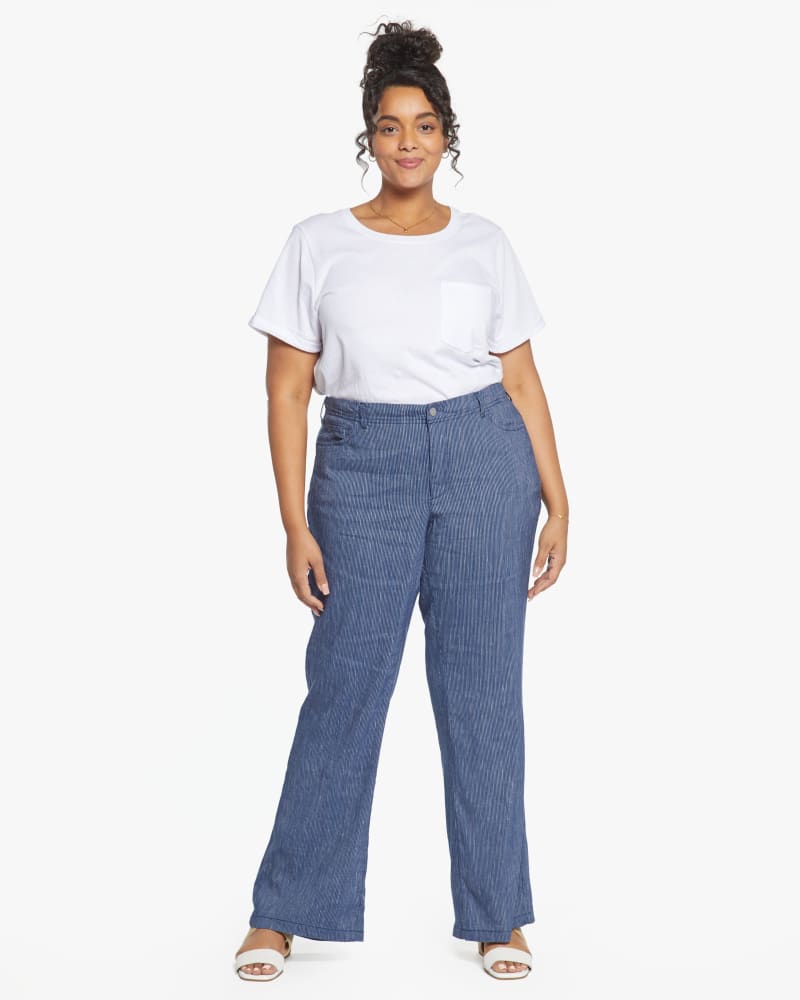 Front of a model wearing a size 14W Mary 5 Pocket Wide Leg Trouser in Agua Stripe by NYDJ. | dia_product_style_image_id:187595